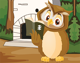 Owlexander holding book at Chimneys in Grant Park (cartoon image)