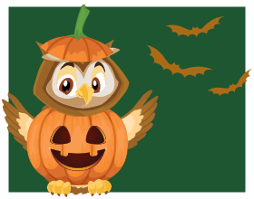 cartoon owlexander in pumpkin costume with three bats