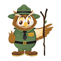 Owlexander mascot dressed as forest ranger