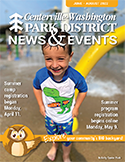 cover of summer 2022 issue of News & Events, child in swim clothes at Activity Center Park sprayground