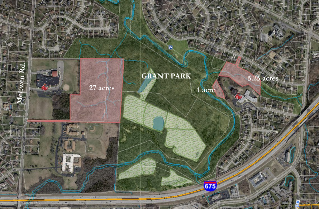 Aerial view of Grant Park with 3 parcels marked