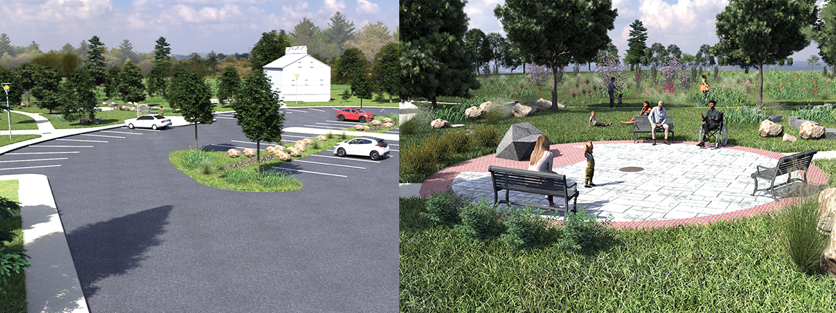 two renderings of the Grant Park planned entrance improvements. Parking lot on left, Rotarty memorial Plaza on right.