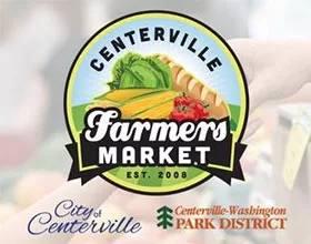 Centerville Farmers Market logo along with the City of Centerville logo and the Centerville-Washington Park District logo. Faded background image of a basket of tomatoes