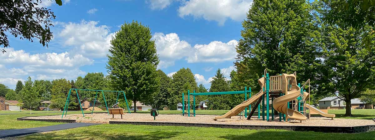 park playground surrounded by trees, houses with blue cloudy sky