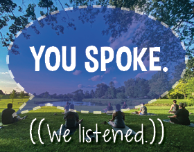 Text overlay: You Spoke. ((We listened.)) People sitting on yoga mats facing away from camera and toward a pond.