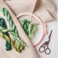 embroidery supplies laid out on a table - green thread in various shades, embroidery hoop, fabric, scissors