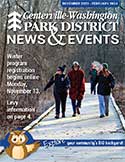 Centerville-Washington Park District News & Events Winter 2023-24 newsletter cover. Four people in winter gear walking on a boardwalk through the woods.
