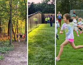 A series of three images, people walking on a nature trail, The Wall That Heals and a child running across a field