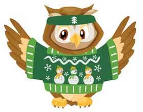 illustration of an owl in an ugly holiday sweater and sweat band