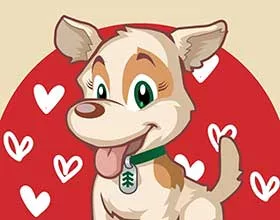 An illustration of a dog on a red background with white hearts