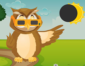 Illustration of an owl in safe solar viewing glasses. Eclipse in the background.